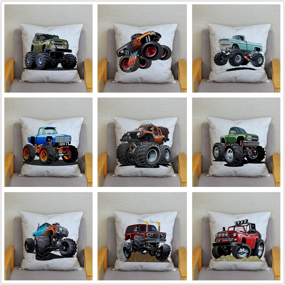 Cartoon Monster Truck Print Cushion Cover Pillow  45X45 Square   Sofa Home Decoration Throw