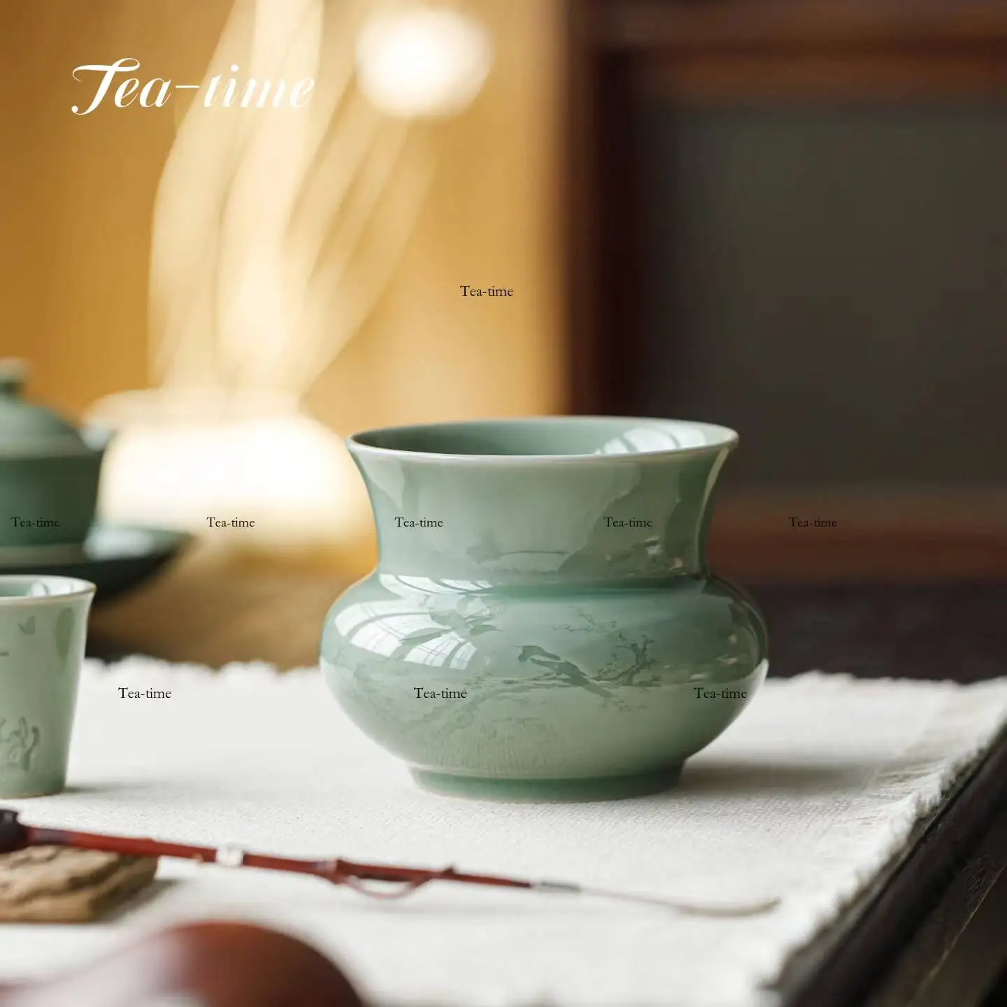 Yue Kiln Celadon Tea Wash Bowl Jianshui Shadow-Carved Ceramic Table Residue Jar Water Bowl Washing Vintage Porcelain Japanese