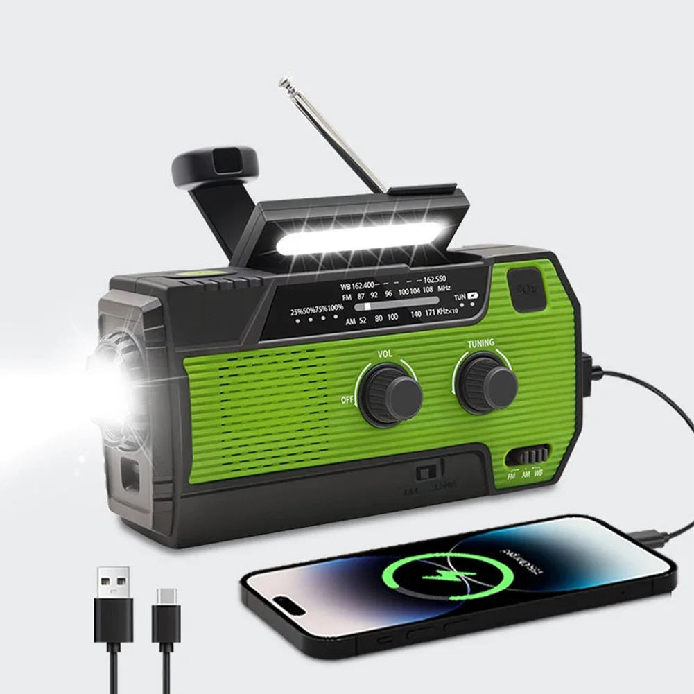 Hand Crank Radio with Solar Power Mobile Charging Features LED Flashlight & SOS Alarm for Disaster Preparedness