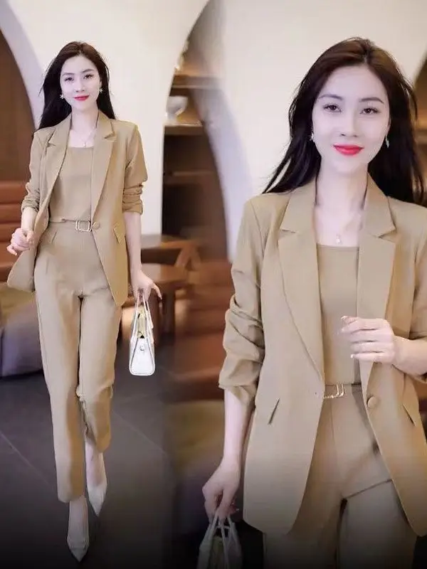 Fashionable Slim Fit Suit And Pants Set for plus Size Women Spring Autumn Lightweight Three Piece Set Korean Style Commute