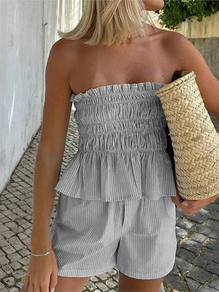 ฤดูร้อนใหม่สบายๆสไตล์ Bra ไม้หูกางเกงขาสั้น 2 ชิ้นชุดสตรีแฟชั่น Elegant ลายจีบกางเกงขาสั้นชุด