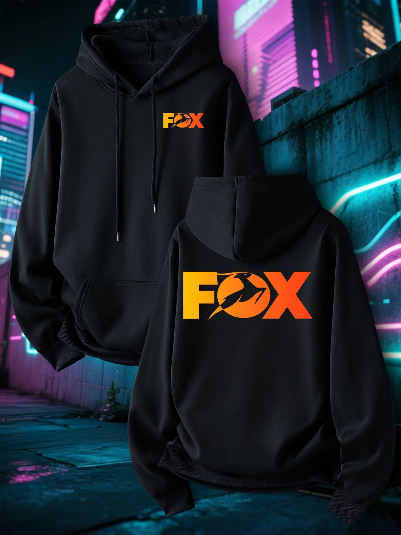 2026Men FOX Graphic Hoodie Front Back Double Sided Print Hooded Sweatshirt Loose Oversized Casual Sport Streetwear Pullover Tops
