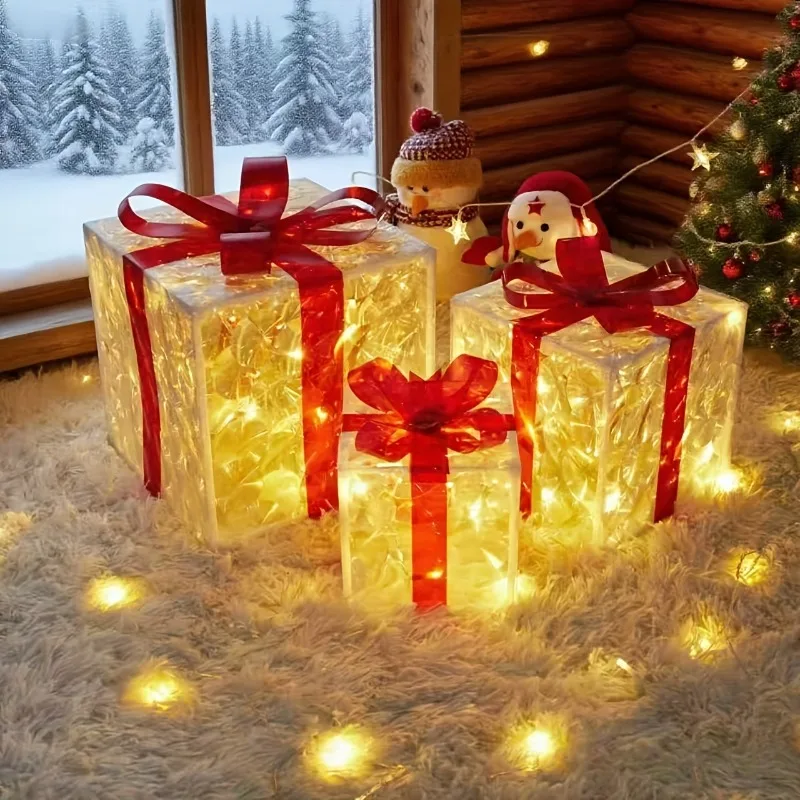 

3 sets of Christmas gift boxes with different sizes of lights, powered by batteries, suitable for Christmas and yard decoration