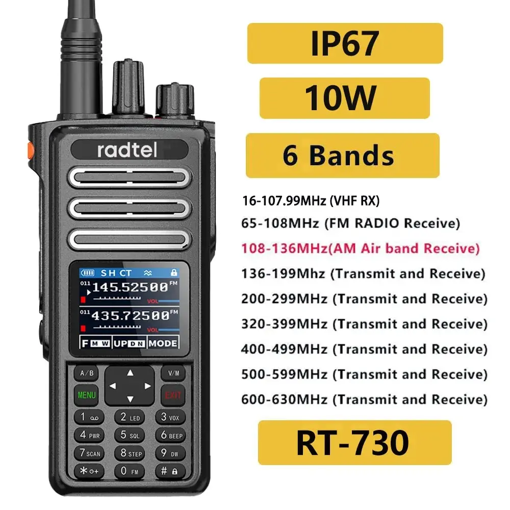 Radtel RT-730 IP67 Wodoodporny 10w Air Band Walkie Talkie CB SSB Amateur Ham HT 199CH USB-C Bateria NOAA Police Scanner Satcom