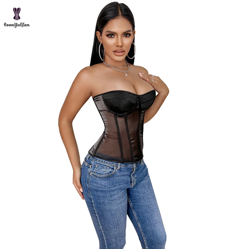 Black Translucent Bustier Curvy Waist Body Shapers Plus Size S-XXXL Slimming Corselet Mesh Overbust Corset With Bra Padded