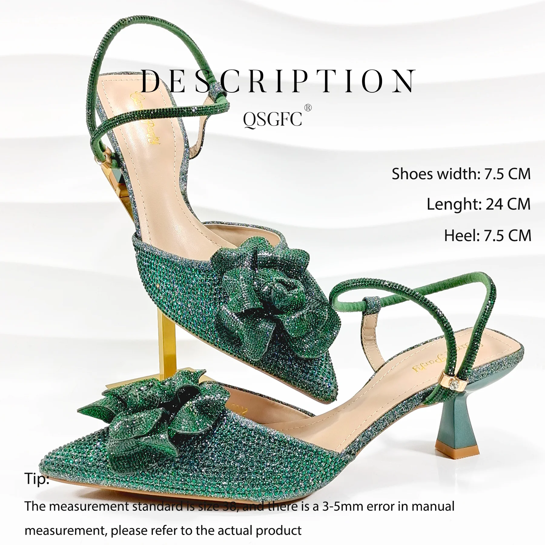 Hot Selling Floral Design Green Color Elegant Mature Party Wedding Pointed Toe Lady Shoes and Bag Set and A pair of shoes