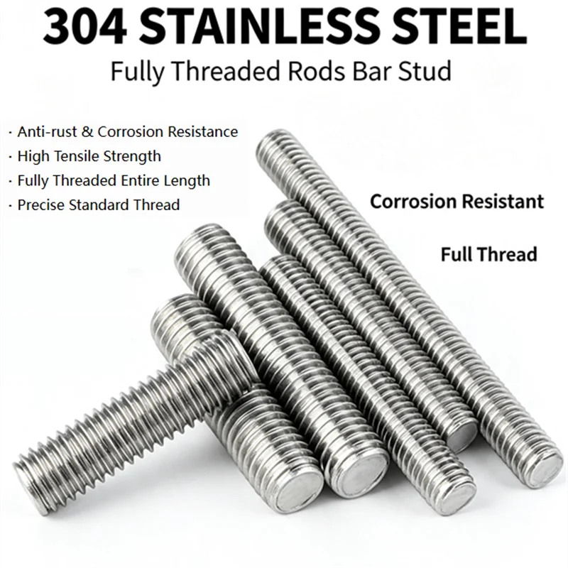 Full-size 304 Stainless Steel Fully Threaded Rod Studs M2-M14 Length 16-500mm Threaded Bar Fastener Hardware