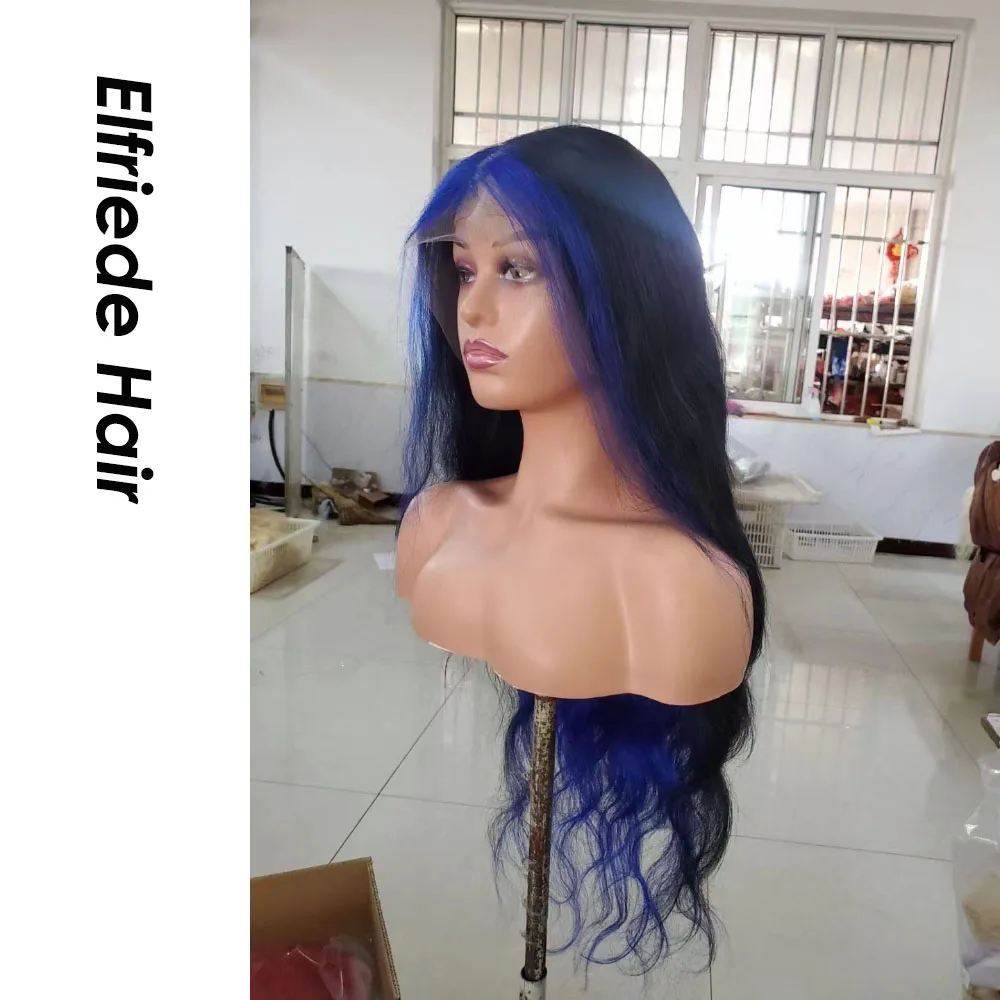 Elfriede Body Wave Black Blue Skunk Stripe Hair Wigs for Women 4x4 Lace Wig 13X4 13X6 HD Lace Frontal Wig 100% Human Hair Wigs