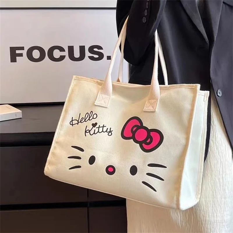 Kawaii Hello Kitty Shoulder Bag for Girls Y2K Hello Kitty Canvas Tote Bag Portable Business Package Fashion Big Laptop Bag Gifts