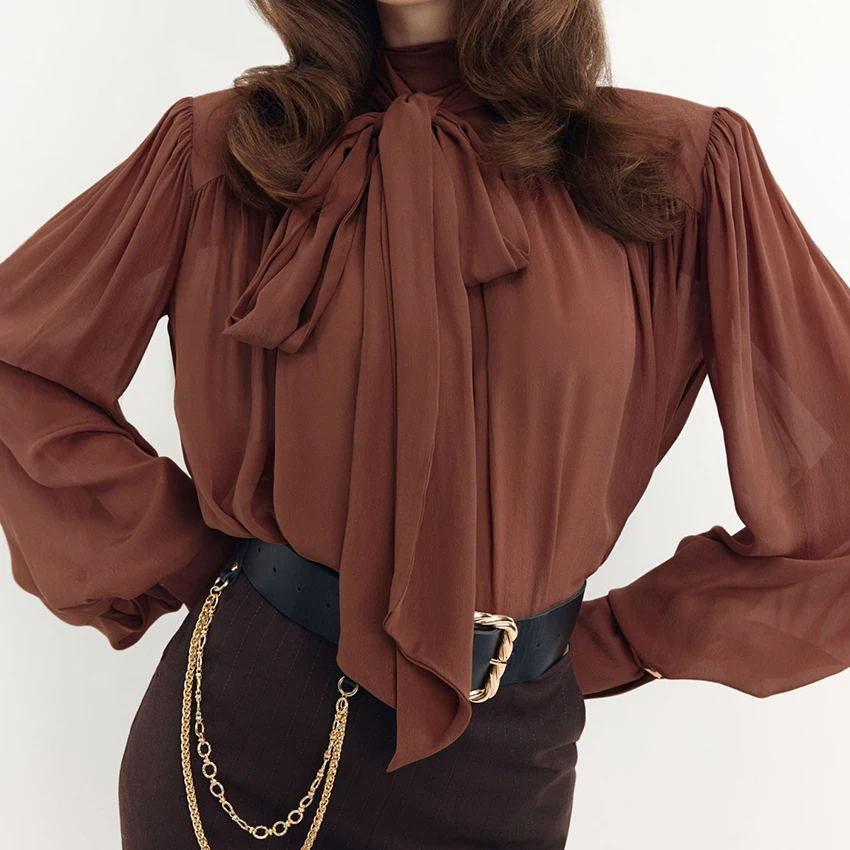 

Linad Elegant Brown Sheer Lantern Sleeve Shirts Female Autumn Office Lady Sheer Scarf Collar Blouse Fashion Pullover Tops 2025