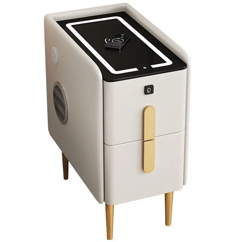 Solid wood rock panel leather extremely simple modern mini bedside table bedroom intelligent internet celebrity light luxury image 6