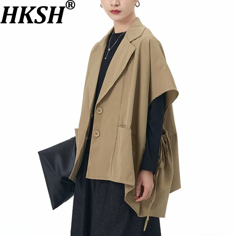 

HKSH Spring Autumn New Women Blazer Notched Collar Short Sleeve Single Breasted Pocket Elegant Ins Coat Versatile Jacket HK13159