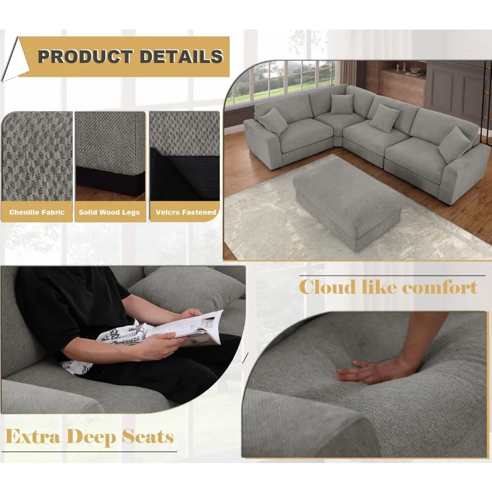 أريكة سحابة مقاس 92 بوصة أريكة بمقعدين كبير الحجم مع أريكة مقطعية من الشنيل الرمادي العثماني 2-3 مقاعد للمساحات الصغيرة المريحة #4