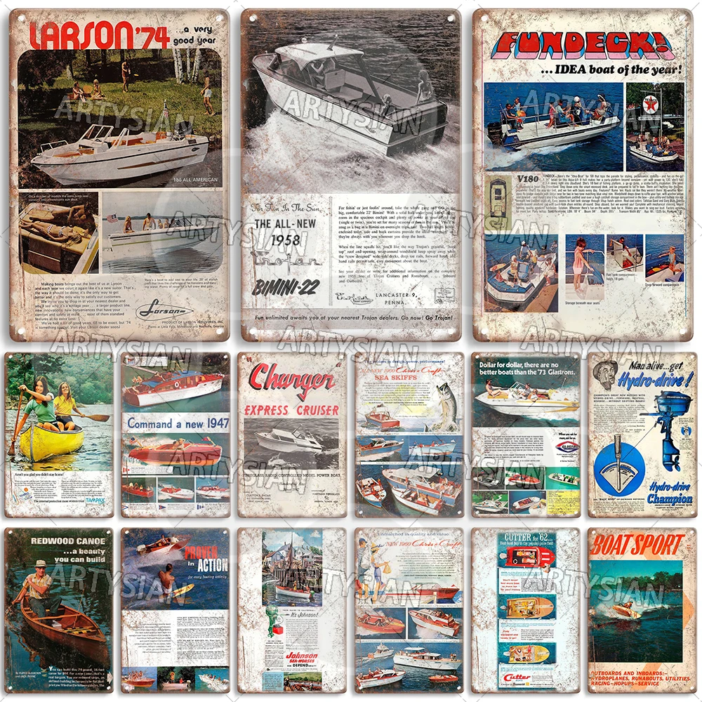 Vintage Boat Ad Metal Sign Larson Bimini FUNDECK Thompson Chris-Craft Evinrude Glastron Traveler Redwood Canoe Cutter Ingalls