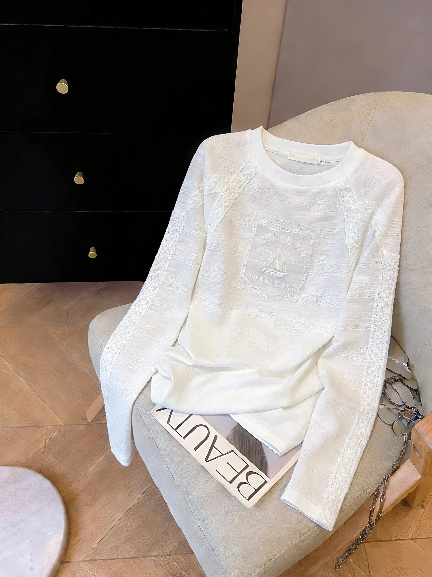 

Ретро-топ с кружевными вставками, длинный рукав, круглый вырез, женский, весна-осень, повседневный, стройнящий, универсальный базовый слой