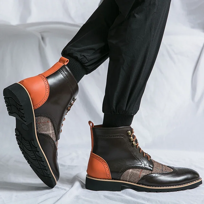 Brand Classic Brown High-top Men Dress Shoes Size 38-48 Pointed Tip Formal Shoes Men Lace-up Leather Boots for Men Vintage Boots
