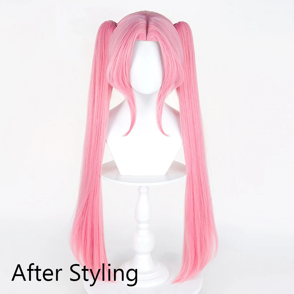 Picture 5: Pink Synthetic Long Straight Wig with Double Ponytail Clip Middle Part Anime Game Cosplay Heat Resistant Wig for Daily Party