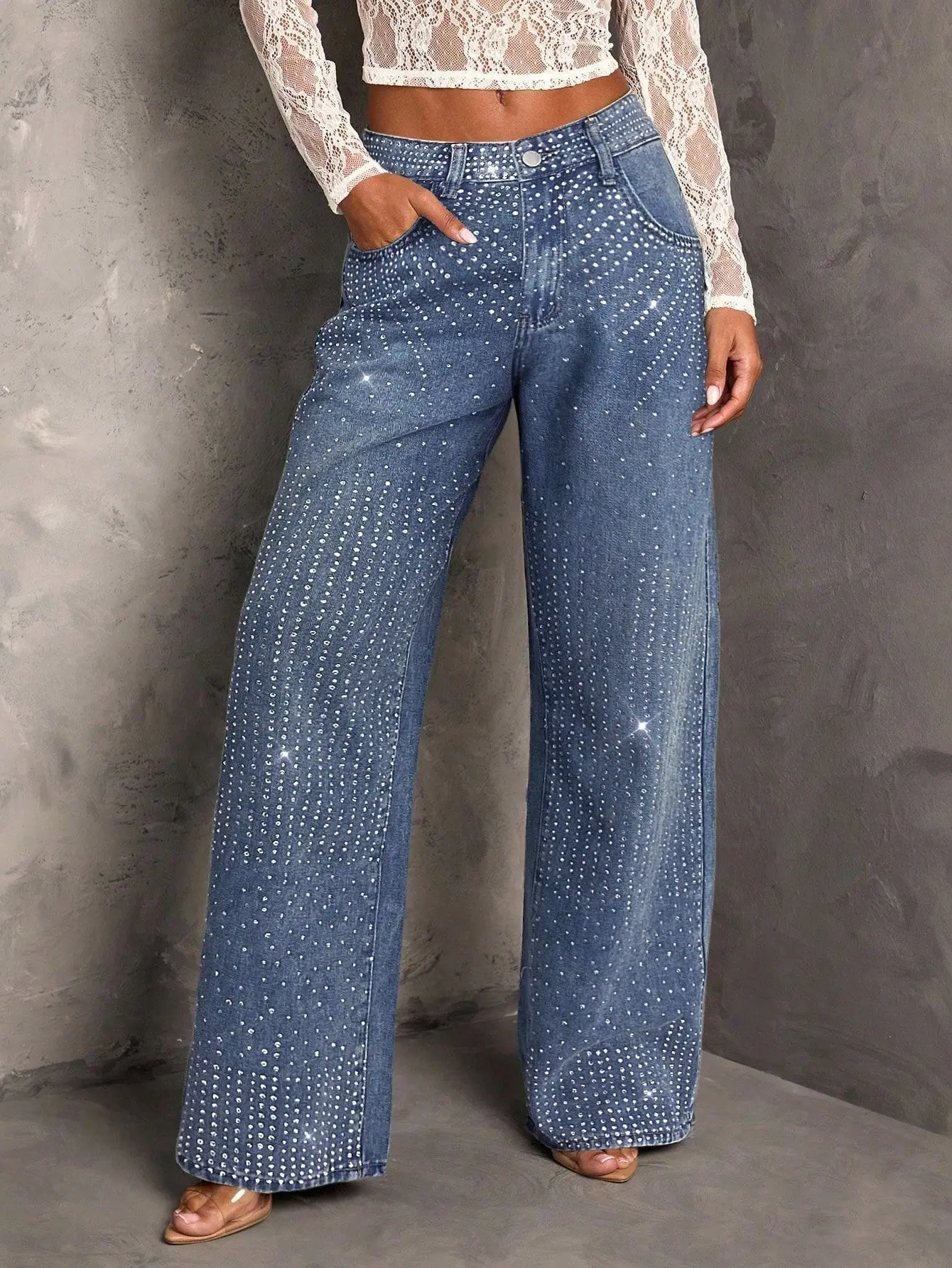 جينز نسائي بنطال ذو قصة أرجل واسعة ملابس الشارع الشهير غير النظامية الماس جيب الدنيم بانت تقسم زر بنطلون عادية مستقيم الخريف 2025 #6