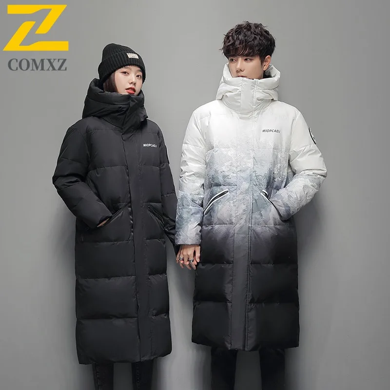 COMXZ Men Winter Jacket Gradient Long Korean Design Snow Travel Cold Resistant Street Bread Jacket Lightweight Puffer Jackets