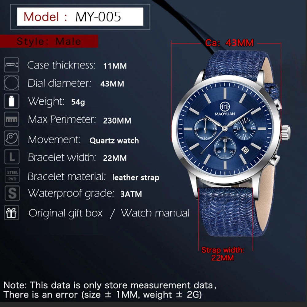 MAOYUAN Luxury Men's Watch Quartz Waterproof Date Chronograph Leather Men's Watch Military Sports Men's Watch Reloj