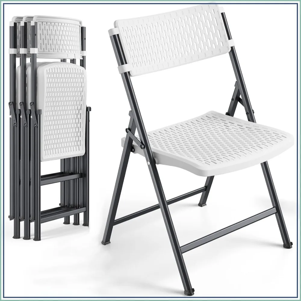 4-Pack White Folding Chairs, Mesh Plastic Seat, Steel Frame, 400 lbs Capacity, Indoor/Outdoor Use