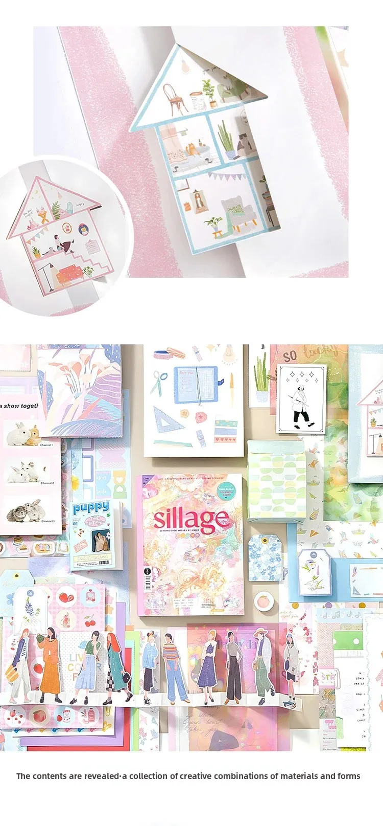 Journal GO 64-teiliges Inspirations-Scrapbook-Dekorationsmaterial-Set mit Materialpapier, Aufklebern, Briefkarten, DIY-Collage-Journal – Detail 6