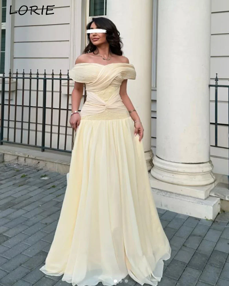 

LORIE Crepe Saudi Party Dress Shiny Off Shoulder Sweetheart A-Line Evening Dress Yellow Prom Dress Brithday Gown Club Customized