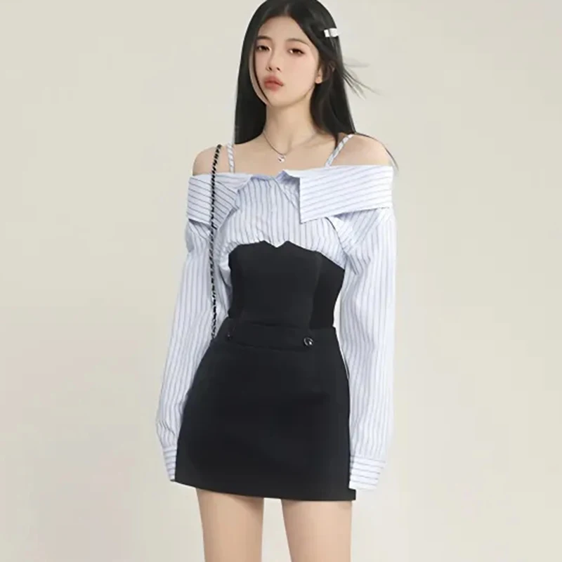 Fashion Simple Two Piece Skirt Sets Women Blue Striped Slash Collar Long Sleeve Shirt + Sexy All Match A Line Mini Skirt Female