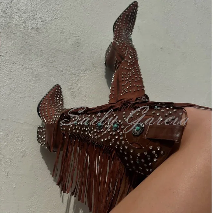 Brown Rhinestone Embellished Chunky Heel Fringe Cowgirl Boots Pointy Toe High Heel Side Zipper Ladies Western Knee High Boot