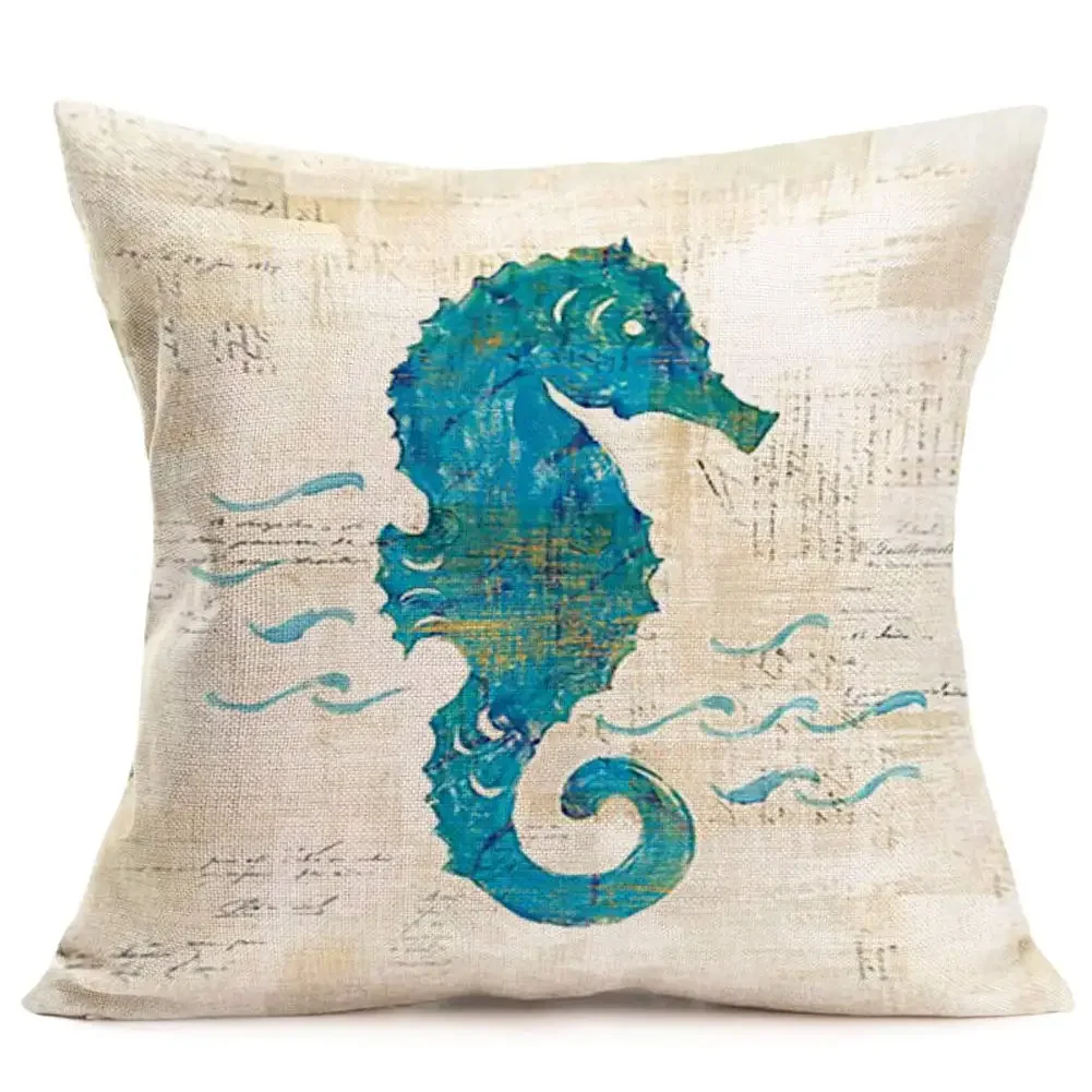 Blue sea horse sea turtle anchor bird linen pillowcase sofa cushion cover home decoration can be customized for you 40x40 50x50