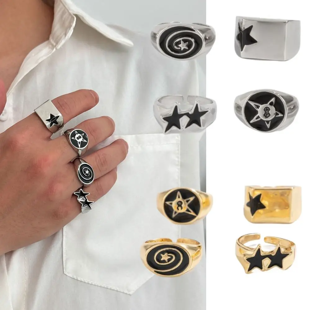 4pcs Irregular Design Geometric Open End Rings Bold Design Black Five-Pointed Star Stainless Steel Rings Wide Opening