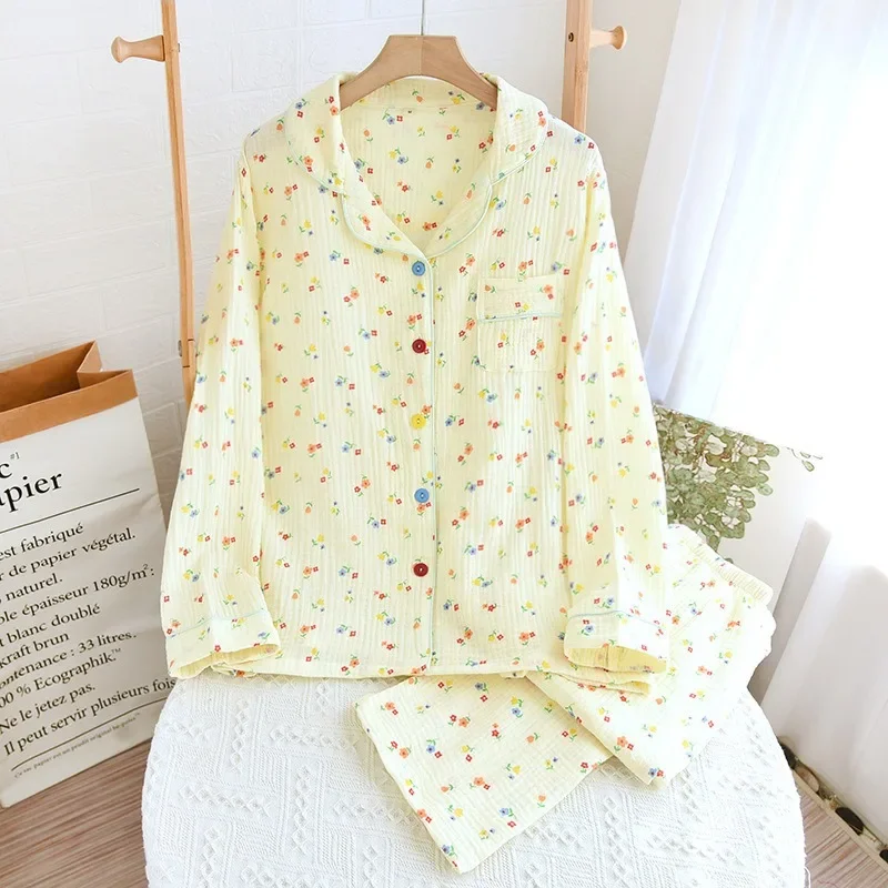 

Women Fashion Pajamas New Autumn Spring Long Sleeve Sleepwear Set Yellow Flowers Pyjama Home Nightwear Loose Cozy Set Cardigan