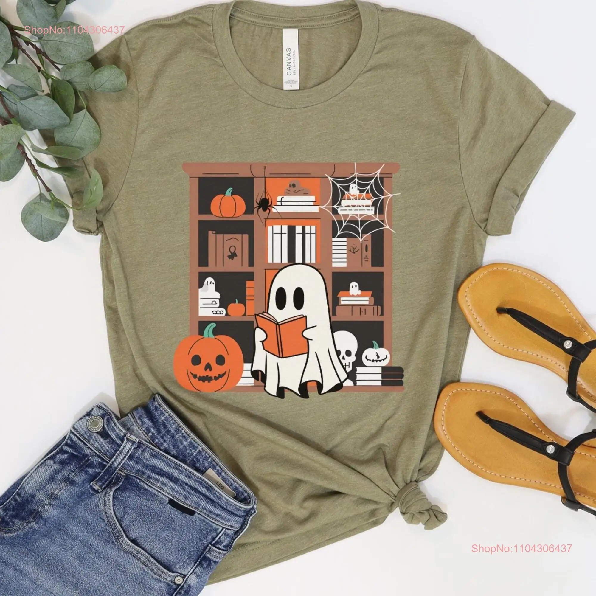 Ghost Bookcase T Shirt Spooky Readers Club Halloween Book Library and Bookshelves long or short sleeves