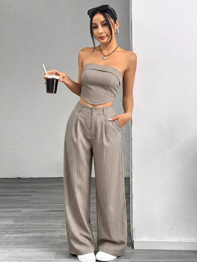 Slimming Effect Ladies Fashion Striped Sleeveless Top And Pants Set Shoulder Strap Long Pants Two Piece Set Casual Sportswear