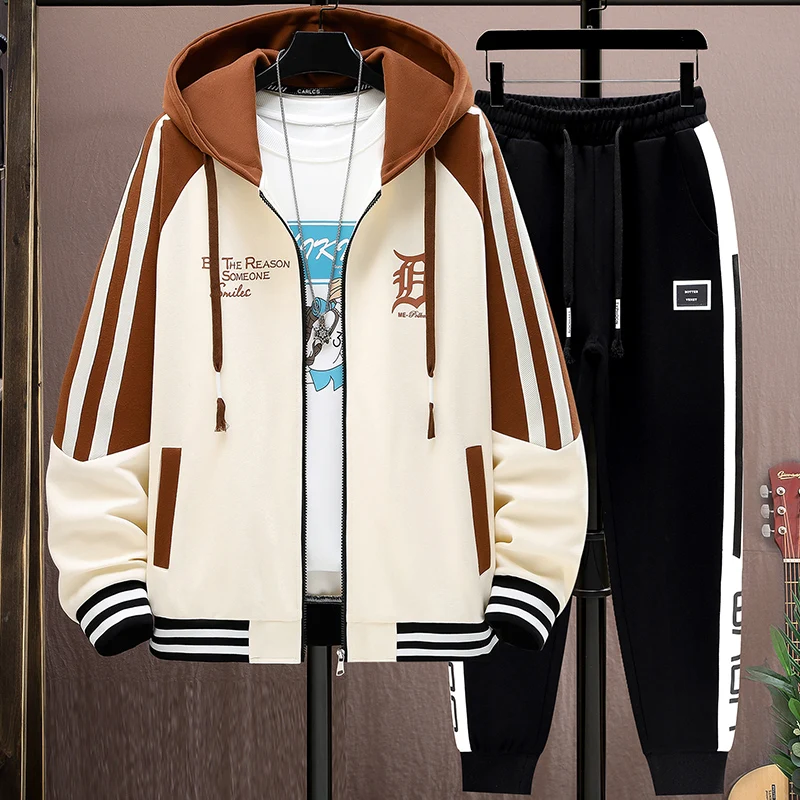 Hooded Jacket Pants Set Men Cotton Korean Harajuku Baseball Jersey Trousers 2 Piece Set Fashion High Quality Men's Sports Suit