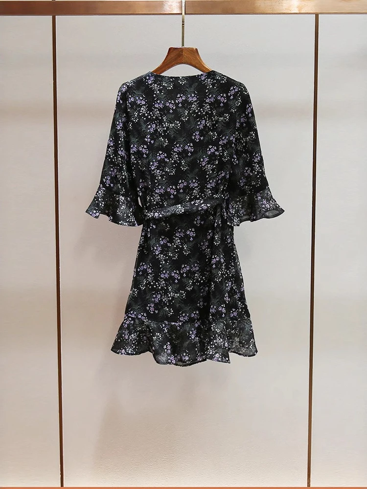 High End Women's Summer New Style French Vacation Style V-neck Flared Sleeves Floral Chiffon Dress for Women