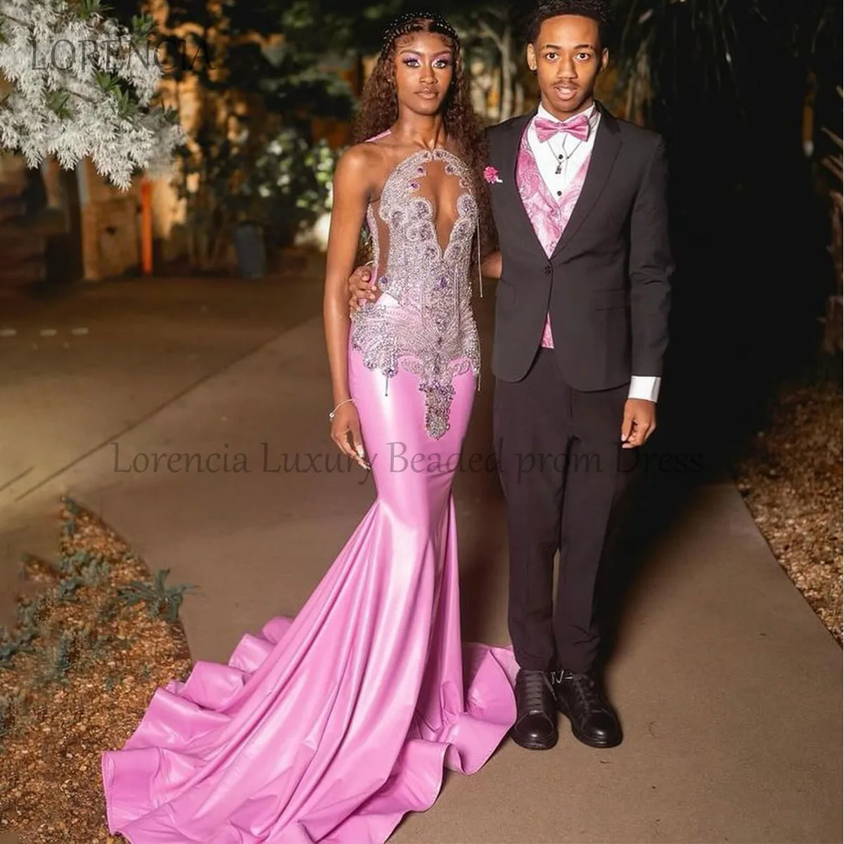 Sparkly Pink Prom Dresses Luxury Crystals Diamond Tassel Mermaid Evening Party Gown For Black Girl Rhinestones robe chic soirée