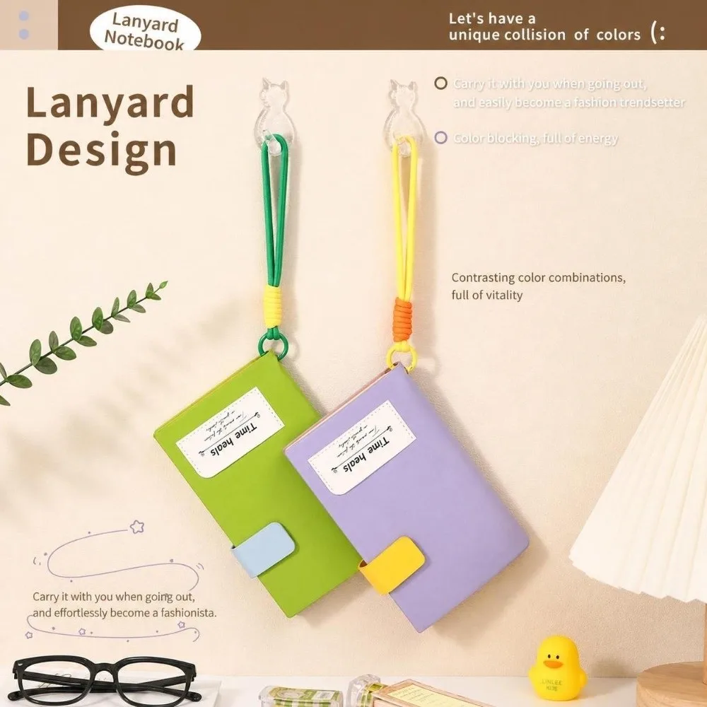 Multifunctional A6 Notebook Color-blocking Lined Paper Journal with Lanyard Snap Button Closure Pocket Memo Book Note Taking