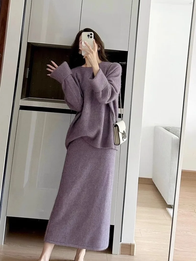 New High Quality Korean Fashion 2 piece sets women outfit Purple Knitted Casual Loose Pullover Sweater + Long Skirt Suits Warm