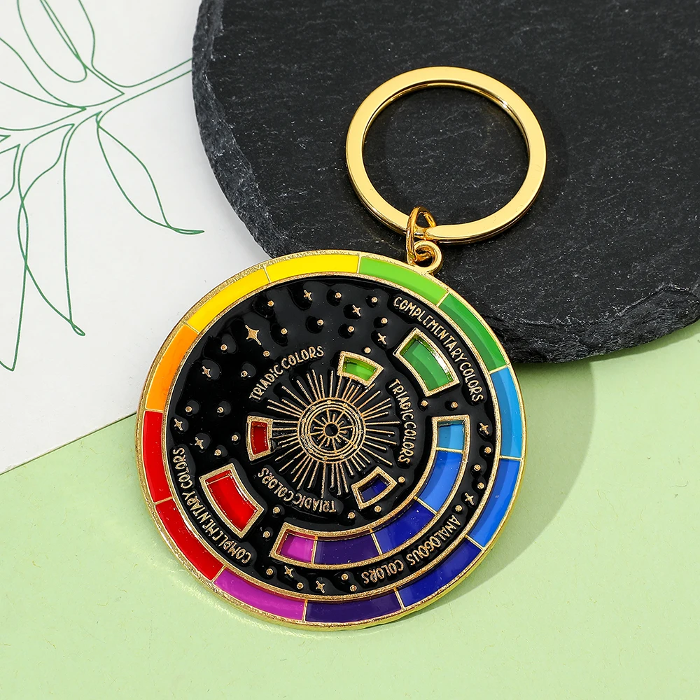 Color Palette Wheel Keychain Novelty Rotatable Palette Spinning Compass Metal Pendant Keyring Art Student Jewelry