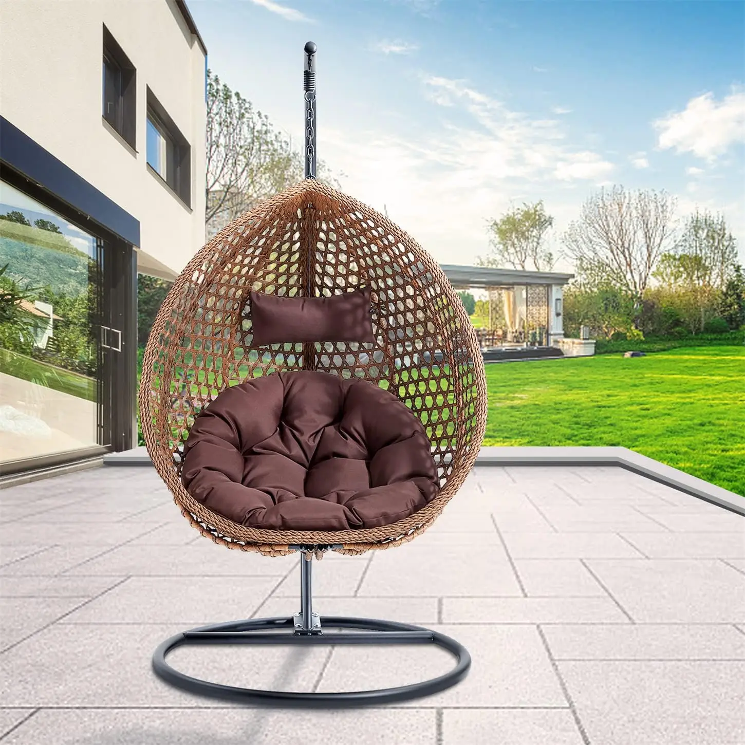 Egg Swing Chair With Stand Rattan Hanging Egg Chair With Cushions And Pillow Relaxing Chair Foldable Basket & Metal Stand