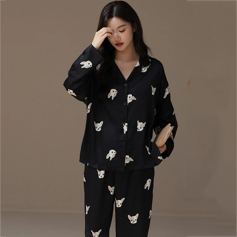 Embroidery Print Cartoon Sleepwar Loungewear Spring Autumn Couple Pajamas Set Black Lover Trouser Suits Home Wear Satin Pyjama