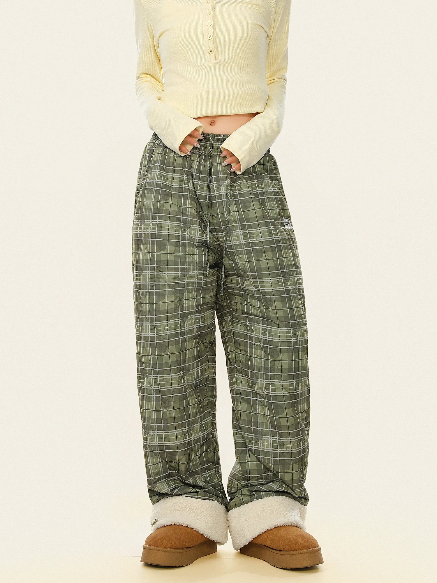 

Lamb Fur Patchwork Cotton Pants Women's Winter Warm Lazy Sle Thi Straight Skiing Casual Trousers mid Waist Long Polyester