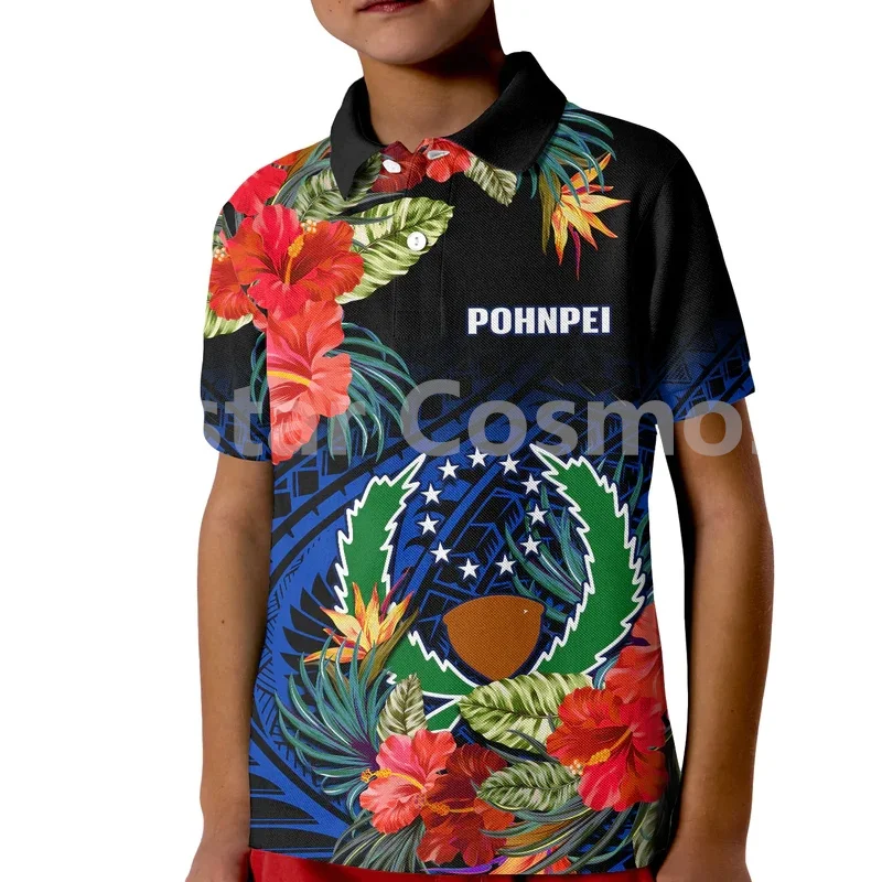 (Custom Personalised) Pohnpei State Polo Shirt KID FSM Hibiscus Flowers Mix Polynesian 3d Printed Polo Shirts Summer Tops