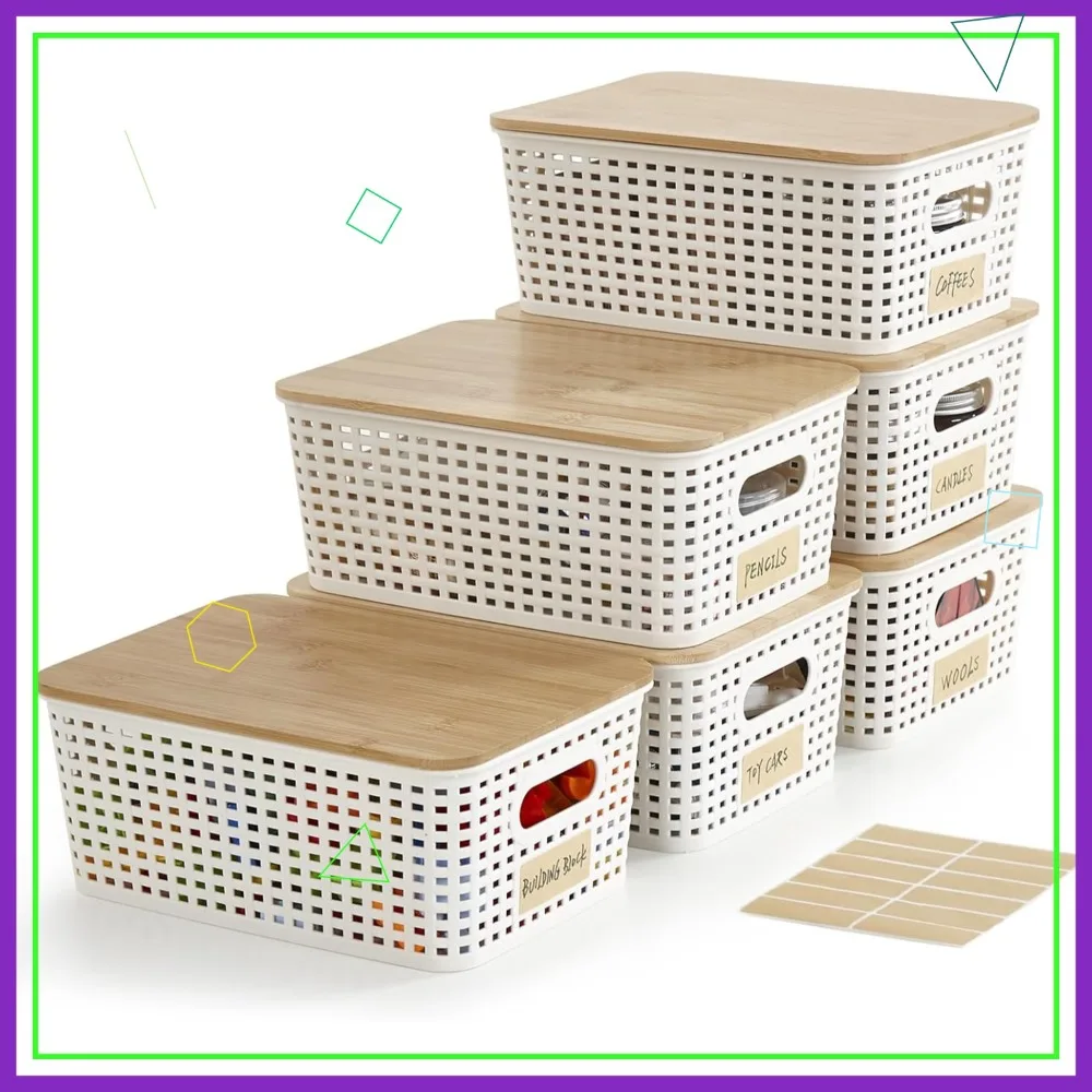 

Небольшие пластиковые контейнеры для хранения с бамбуковыми крышками, штабелируемые корзины-ящики для организации рабочего стола, шкафа, офиса, кремово-белые, 6 штук в упаковке