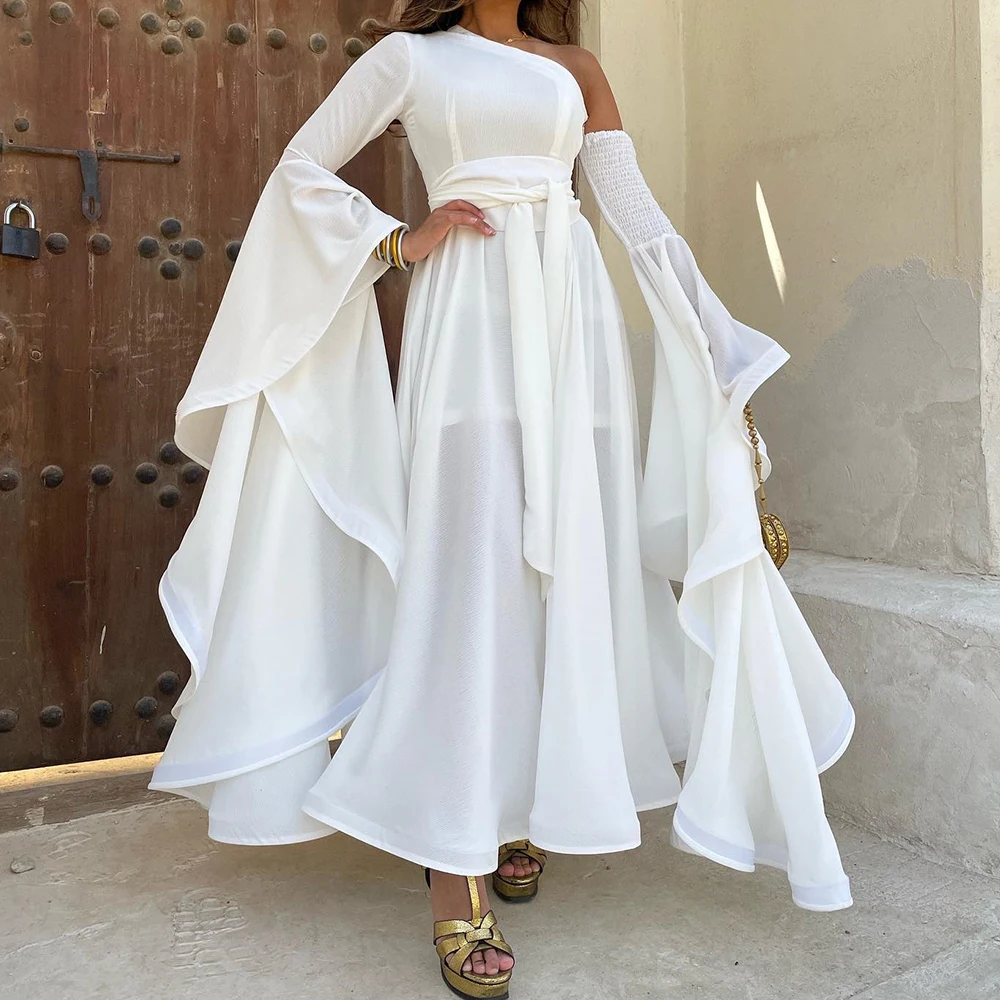 

Customized Jersey A-Line One Shoulder Flare sleeves and Detachable Sleeve Sashes Evening Dress Long Sleeves Floor Length White