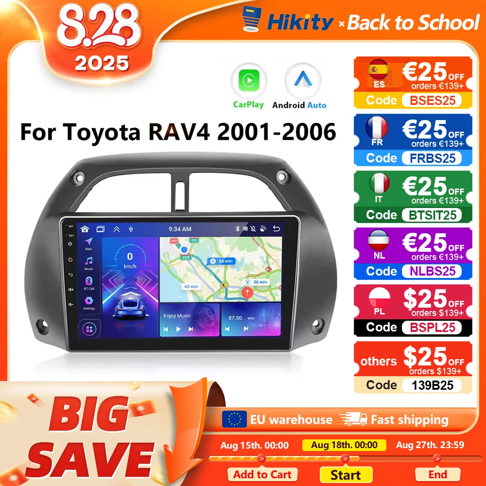 Hikity Wireless CarPlay Android Auto Car Radio per Toyota RAV4 2001-2006 BT Multimedia Player GPS WiFi Head Unit 2din autoradio