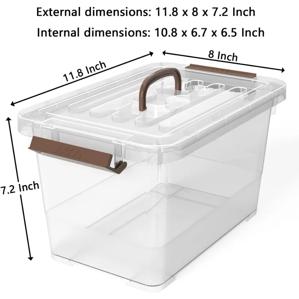 Stackable 7-Quart Clear Plastic Storage Boxes with Latching Lid and Brown Handle, Multi-Purpose, 7 Liter Capacity