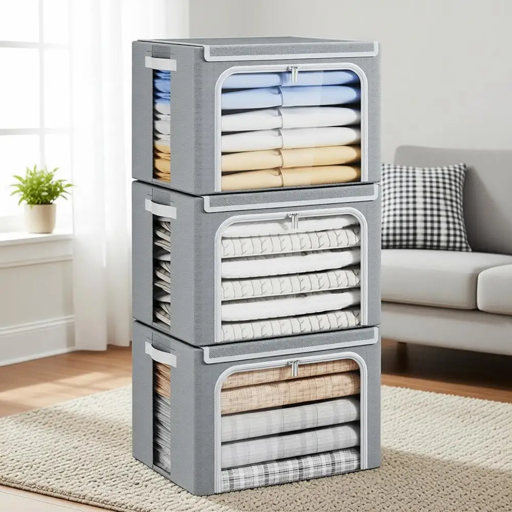 

40-литровые складные контейнеры для хранения одежды на молнии с прозрачным окном и кожаными ручками