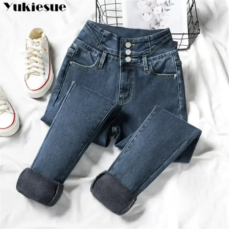 

2025 Winter Korean stytle Casual Skinny Pants Jeans For Women High Waist Stretch Pencil Pants Thick Warm leisure Denim Trousers